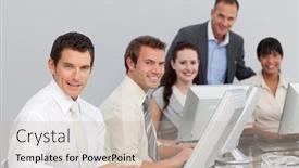  Presentation with ethnic - Theme enhanced with young multi-ethnic business team working with computers in an office background and a soft green colored foreground