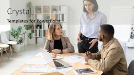  Presentation with advertising campaign - Amazing PPT theme having young-multi-ethnic-colleagues-discussing backdrop and a light gray colored foreground