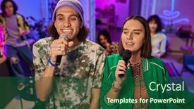  Presentation with microphones - PPT layouts having young-multicultural-couple-with-microphones background and a forest green colored foreground