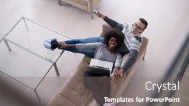  Presentation with relaxing - Beautiful PPT theme featuring young multiethnic couple relaxing on the sofa in the luxury living room using a laptop and remote control backdrop and a gray colored foreground
