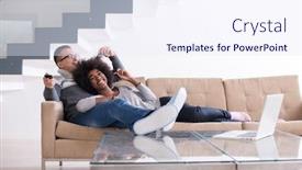  Presentation with living room - Presentation theme featuring young multiethnic couple relaxing on the sofa in the luxury living room using a laptop and remote control background and a sky blue colored foreground
