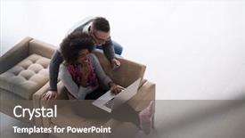  Presentation with young happy couple - Presentation design enhanced with young multiethnic couple shopping online background and a dark gray colored foreground