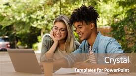  Presentation with young happy couple - PPT theme with young multiethnic couple spending time background and a coral colored foreground