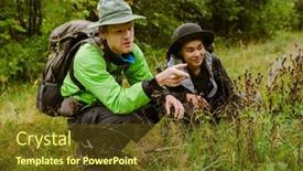  Presentation with backpacks - PPT theme consisting of young-multiethnic-tourist-couple background and a tawny brown colored foreground