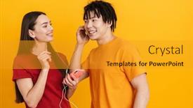  Presentation with yellow music - Slide set with young-multiracial-couple-listening-music background and a gold colored foreground