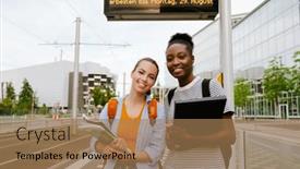  Presentation with bus station - PPT theme having young-multiracial-student-women-smiling background and a coral colored foreground