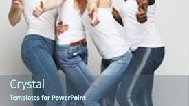  Presentation with friends show - PPT layouts featuring young-multiracial-women-friends-standing background and a ocean colored foreground