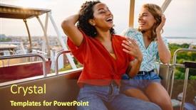  Presentation with multiracial team of young doctors stacking hands - PPT theme featuring young-multiracial-women-laughing background and a tawny brown colored foreground