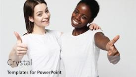  Presentation with women - Amazing PPT theme having young-multiracial-women-standing-together backdrop and a white colored foreground