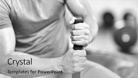  Presentation with tire - Colorful presentation enhanced with young muscular man after workout at gym with hammer and tractor tire with a focus on hands backdrop and a light gray colored foreground