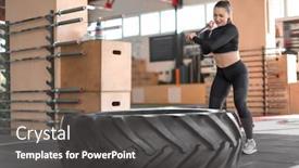  Presentation with tire - Audience pleasing slides consisting of young muscular woman hitting heavy tire with hammer in gym backdrop and a dark gray colored foreground