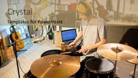  Presentation with drums - Slide set having young-musician-in-t-shirt background and a coral colored foreground