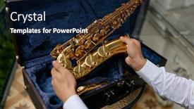  Presentation with performance - Presentation design featuring young-musician-opening-case background and a navy blue colored foreground