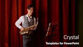  Presentation with stage curtains - Presentation consisting of young-musician-plays-tenor-saxophone background and a black colored foreground