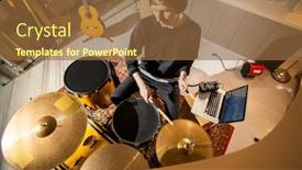 Presentation with drums - Presentation theme featuring young-musician-with-headphones-recording background and a tawny brown colored foreground