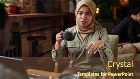  Presentation with meeting table - Slides enhanced with young-muslim-businesswoman-in-hijab background and a tawny brown colored foreground