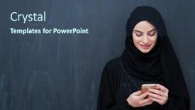  Presentation with abaya - Presentation design with young-muslim-businesswoman-in-traditional background and a ocean colored foreground