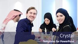  Presentation with feasting - Theme featuring young-muslim-couple-having-iftar background and a navy blue colored foreground