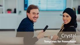  Presentation with hijab modern - PPT theme with young-muslim-couple-woman-wearing background and a coral colored foreground