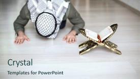  Presentation with omrah muslim people praying - Theme featuring young muslim man praying indoors background and a sky blue colored foreground