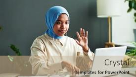 Presentation with front desk - Slide set enhanced with young-muslim-student-in-blue background and a  colored foreground