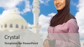  Presentation with woman muslim - Theme consisting of young muslim woman at mosque background and a light gray colored foreground