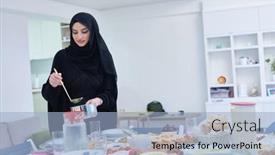  Presentation with woman muslim - Presentation featuring young-muslim-woman-serving-food background and a light blue colored foreground