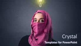  Presentation with woman muslim - Colorful slide deck enhanced with young muslim woman wearing niqab with lit lightbulb above her head backdrop and a tawny brown colored foreground