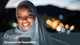  Presentation with woman muslim - PPT theme with young muslim woman wearing scarf veil on urban city street at night texting on smartphone with bokeh city light in background background and a ocean colored foreground
