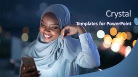  Presentation with woman muslim - Colorful slide set enhanced with young muslim woman wearing scarf veil on urban city street at night texting on smartphone with bokeh city light in background backdrop and a navy blue colored foreground