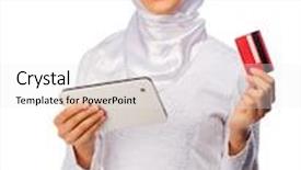  Presentation with muslim parenting - Presentation theme enhanced with young muslim woman with tablet pc and plastic card isolated background and a white colored foreground