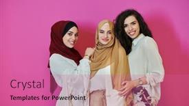  Presentation with muslim women - Slide set consisting of young-muslim-women-posing background and a coral colored foreground