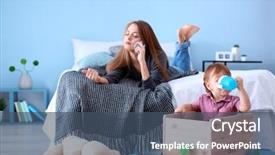  Presentation with nanny - Colorful slide set enhanced with young nanny talking on mobile backdrop and a ocean colored foreground