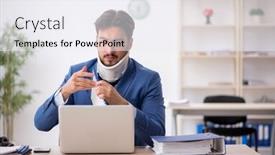  Presentation with employee - Slides with young-neck-injured-male-employee background and a sky blue colored foreground