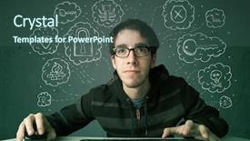  Presentation with hacking - Amazing PPT theme having young nerd hacker with virus backdrop and a ocean colored foreground