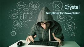  Presentation with computer virus - Slide deck enhanced with young nerd hacker with virus background and a ocean colored foreground