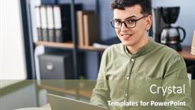  Presentation with non binary - Presentation theme featuring young-non-binary-man-business background and a coral colored foreground