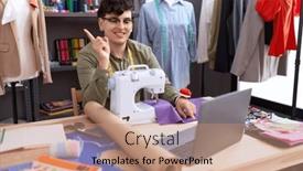  Presentation with non binary - Slide set with young-non-binary-man-dressmaker background and a coral colored foreground