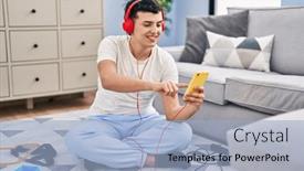  Presentation with non binary - Slide deck featuring young-non-binary-man-listening background and a light blue colored foreground