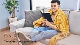  Presentation with non binary - Theme having young-non-binary-man-reading background and a coral colored foreground