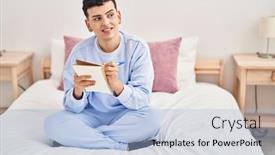  Presentation with non binary - PPT theme having young-non-binary-man-writing background and a light blue colored foreground