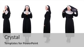  Presentation with nun - Cool new PPT theme with young nun in religious concept backdrop and a light gray colored foreground