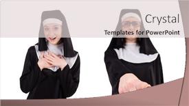  Presentation with nun - Colorful PPT theme enhanced with young nun isolated on the white background backdrop and a lemonade colored foreground