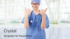  Presentation with hospital - Audience pleasing PPT theme consisting of young nurse - happy male doctor showing thumbs backdrop and a light blue colored foreground