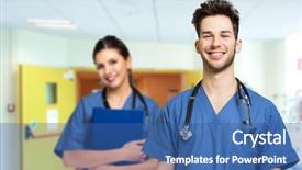  Presentation with medical emergency trauma team - Slides consisting of young nurse - medical team smiling background and a  colored foreground