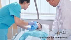  Presentation with mask nurse - Slide set consisting of young-nurse-putting-bag-valve background and a light blue colored foreground