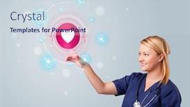  Presentation with nurse - Cool new PPT theme with young nurse standing and pressing modern medical type of buttons backdrop and a sky blue colored foreground
