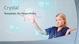  Presentation with nurse - Amazing slide set having young nurse standing and pressing modern medical type of buttons backdrop and a sky blue colored foreground