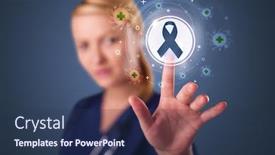  Presentation with nursing to nurse communication - Presentation theme enhanced with young nurse standing and pressing modern medical type of buttons background and a ocean colored foreground