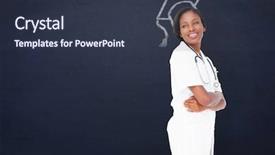  Presentation with navy blue - PPT theme having young nurse with arms crossed background and a tawny brown colored foreground